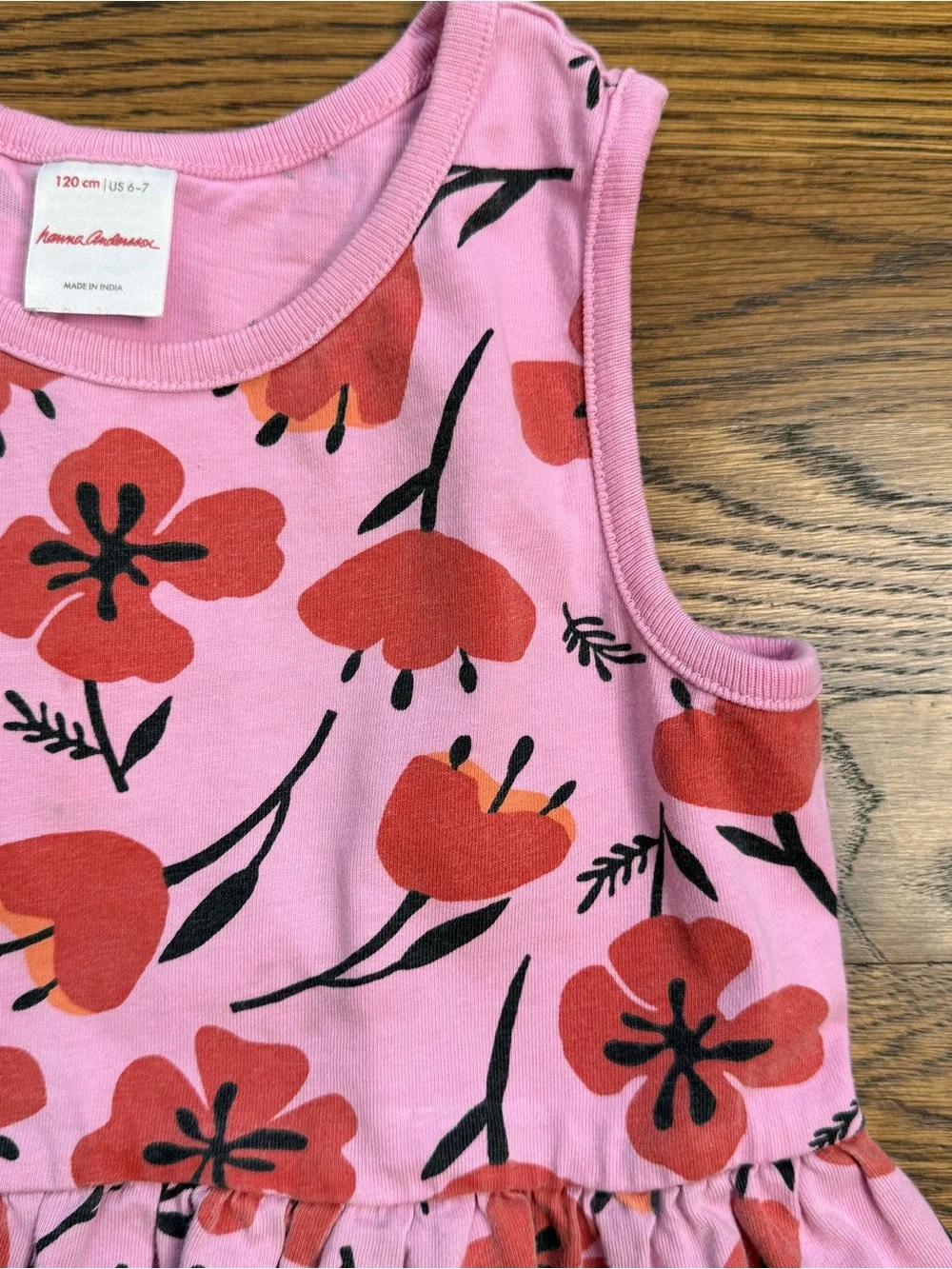 Hanna Andersson Girls Poppy Pink Pocket Dress with Red/ Orange Floral Print 6-7